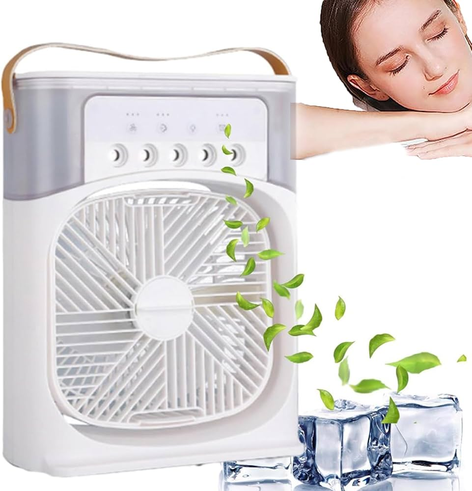 Front view of the FrostyPure Mini Portable Air Cooler with control buttons and fan grille